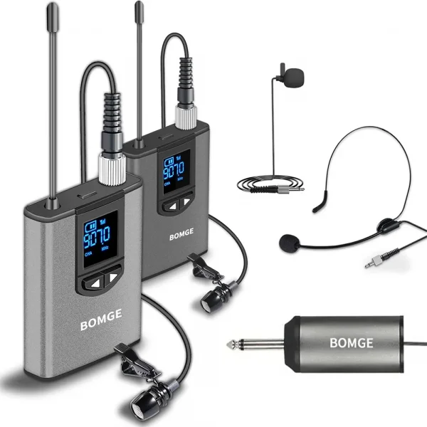 BOMGE Dual Wireless Microphone System Headset Mic/Stand Mic/Lavalier Lapel Mic with Rechargeable Bodypack Transmitter & Receiver